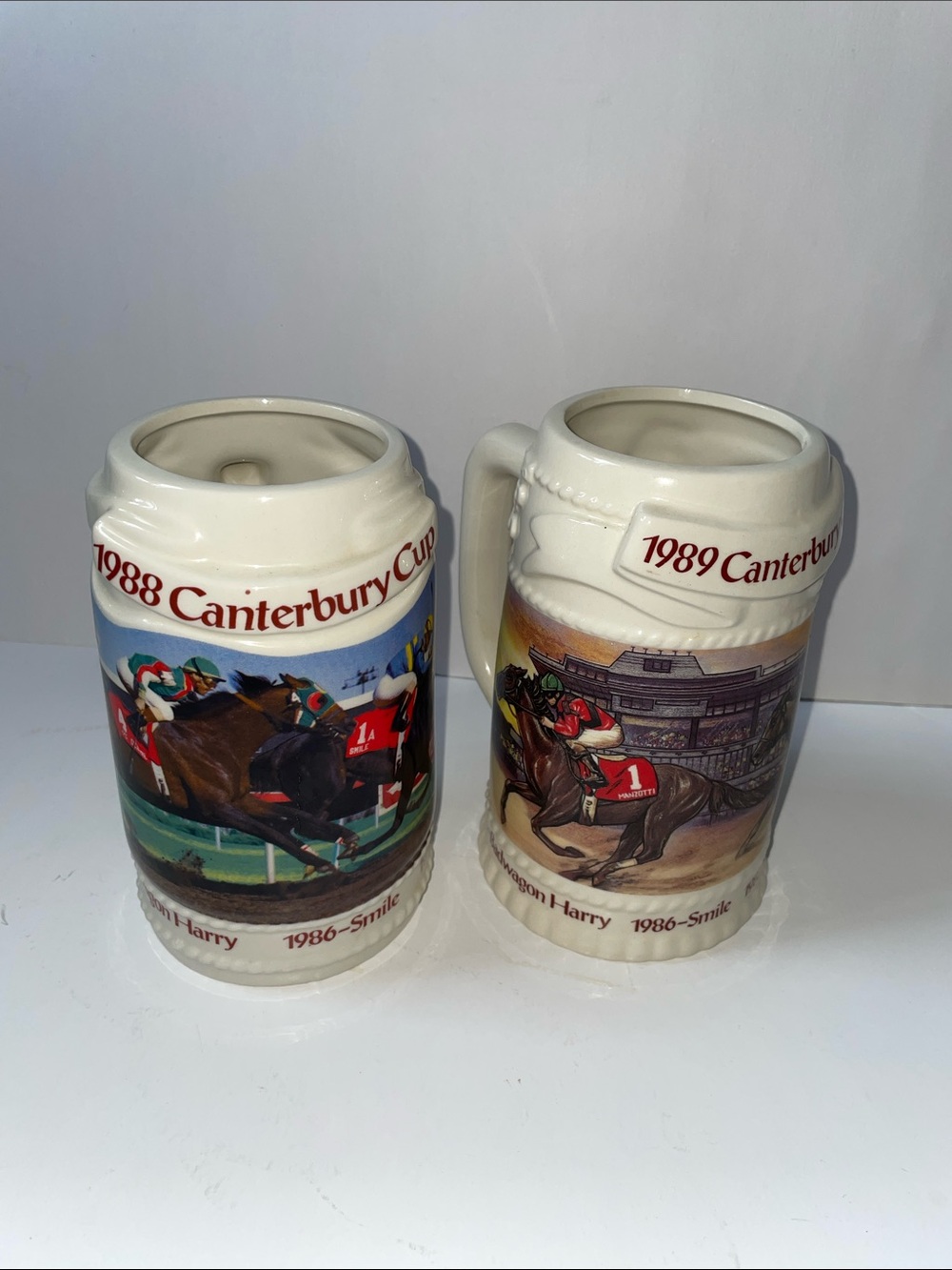 Vintage 2 Ceramic 1988-1989 Canterbury Horse Racing Collectible Stein - White